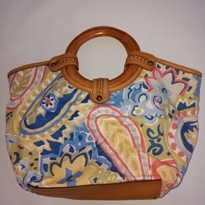 FOSSIL Purse 1954 Floral wooden handles hand carry purse Boho Cottagecore Armbag